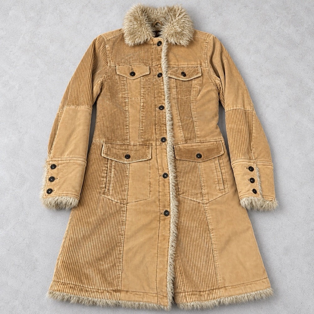 Steve Madden Corduroy Coat Womens Medium Camel Tan Faux Fur Lined Long Jacket M